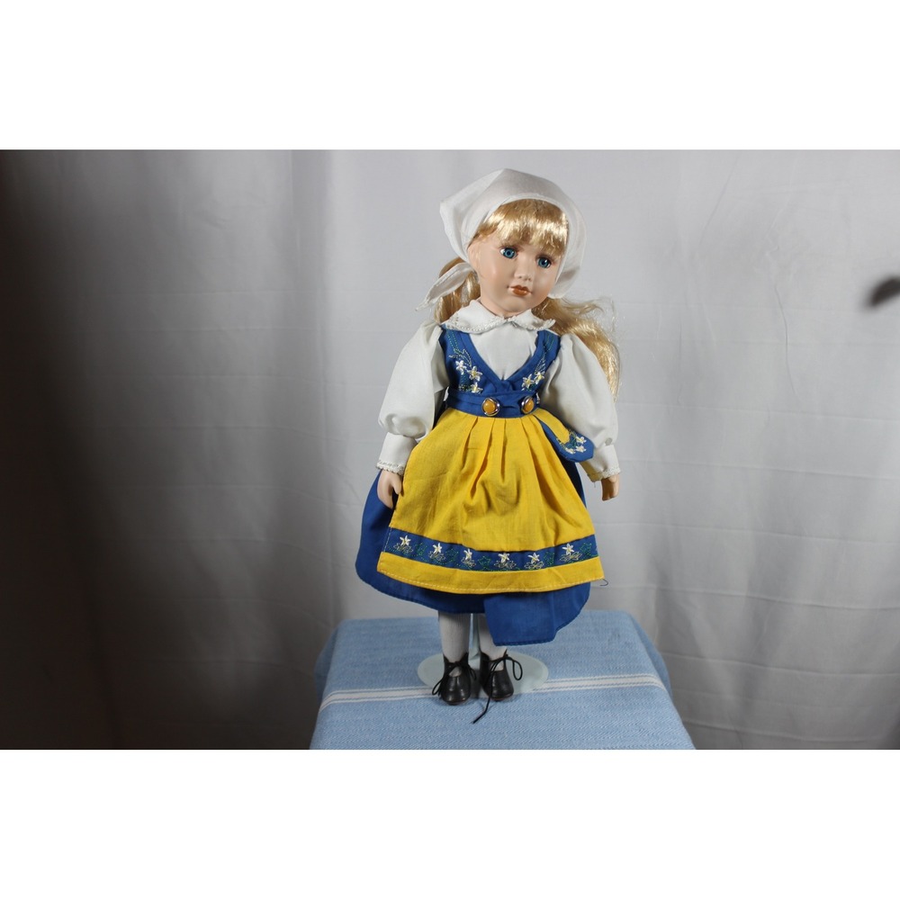 Vintage Porcelain Swedish Folk Costume Doll Blonde Blue Eyes 17 Inch with Stand